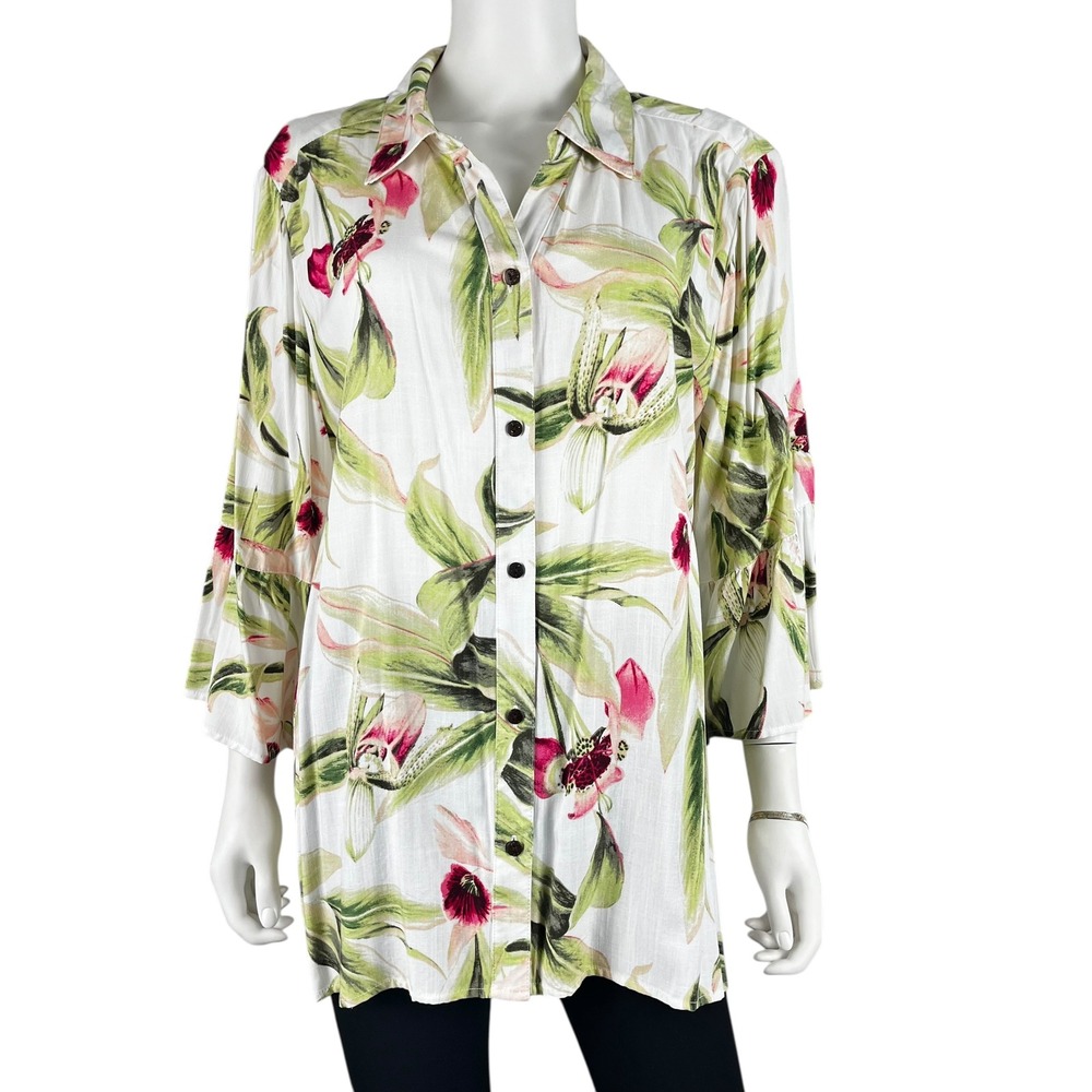 Allison Daley‎ Blouse Womens 1x Tropical Floral Bell Sleeve Button Up